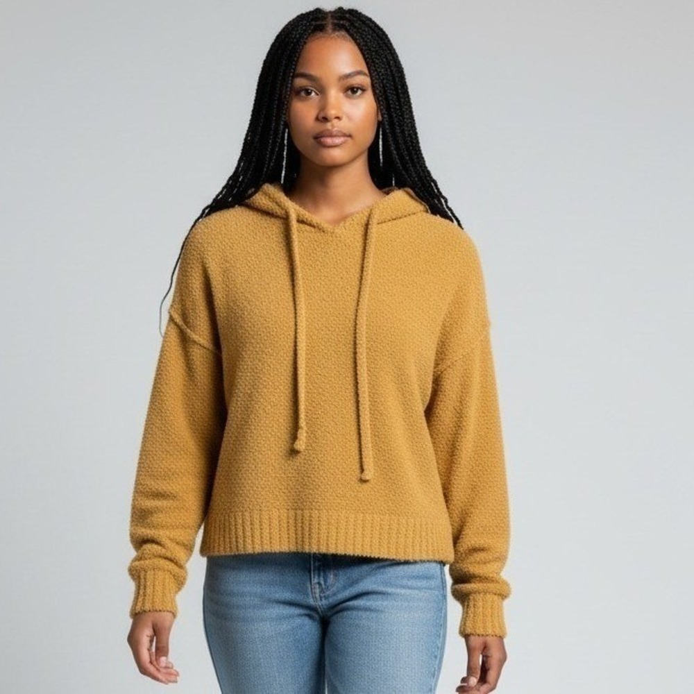 True Craft Mustard Yellow Popcorn Knit Hoodie Womens Small Relaxed Pullover